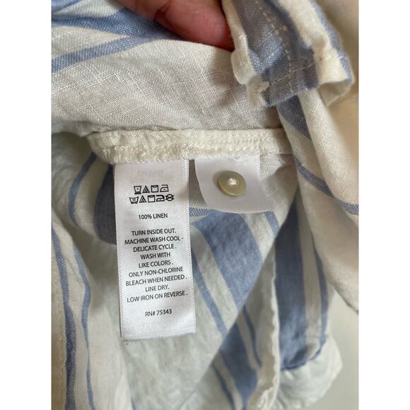 Jones & Co blue striped linen button up shirt collared roll tab sleeves Size L - Picture 6 of 7